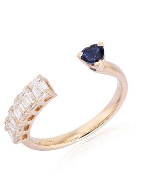 Heart Baguette Diamond 14K (or 18k upon request) Yellow Gold Open Ring